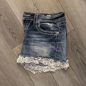 Miss Me Denim Shorts with Lace Hem